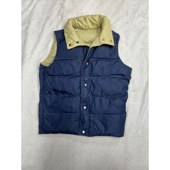 VTG 70s Comfy Brand Reversible Goose Down Beige Blue Snap Puffer Vest Mens Small - Picture 7 of 8